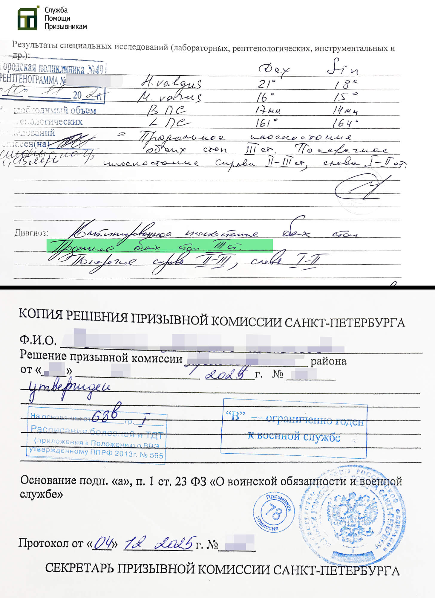 Копия решения призывной комиссии об освобождении от призыва по плоскостопию