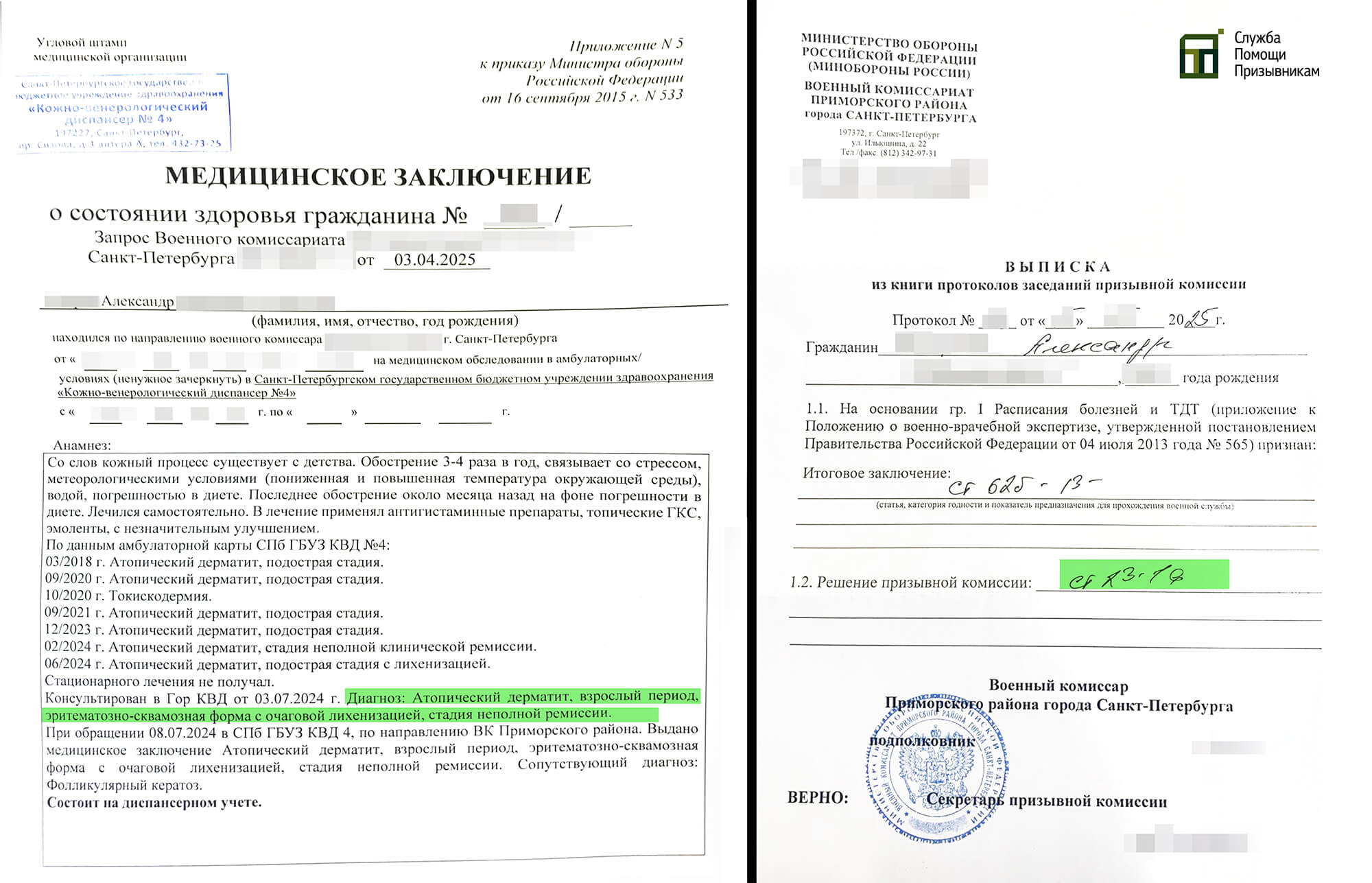 Образец решения призывной комиссии об освобождении от призыва в армию с дерматитом