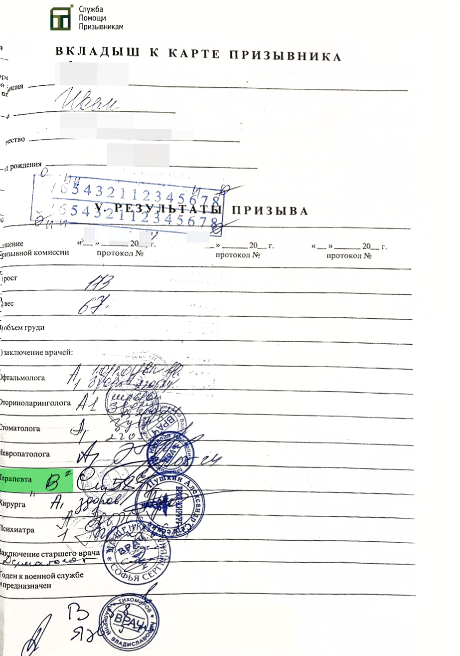 Копия решения врачей военкомата о выставлении категории "В"