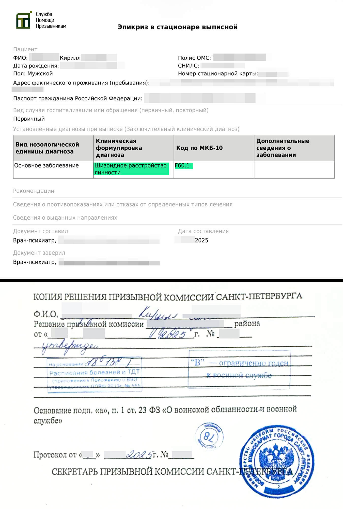 Образец решения призывной комиссии об освобождении от призыва с расстройством личности
