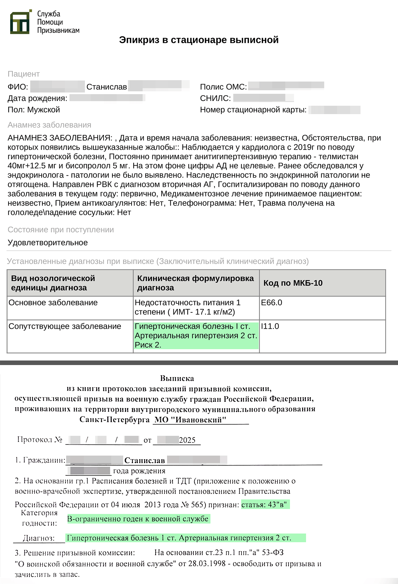 Копия решения призывной комиссии об освобождении от армии по гипертонии 1 степени